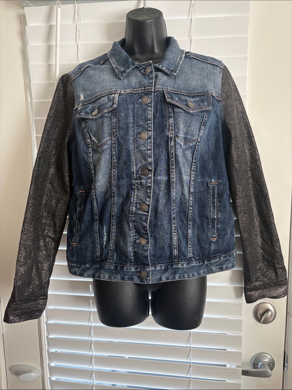 Express Dark Blue Distressed Denim Jacket with Black Metallic-Look Sleeves SZ L